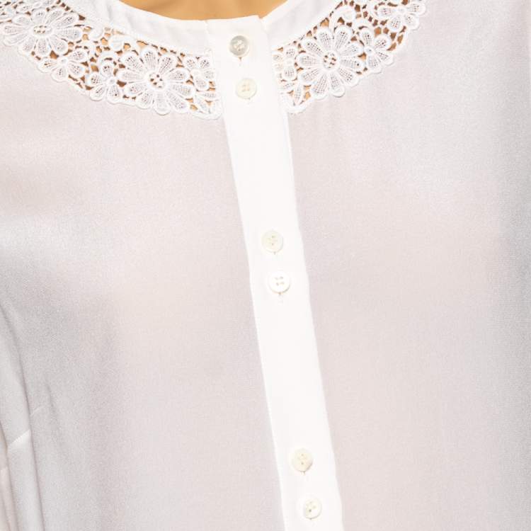 Pre Owned Dolce & Gabbana White Silk Lace Detailed Neck Top M