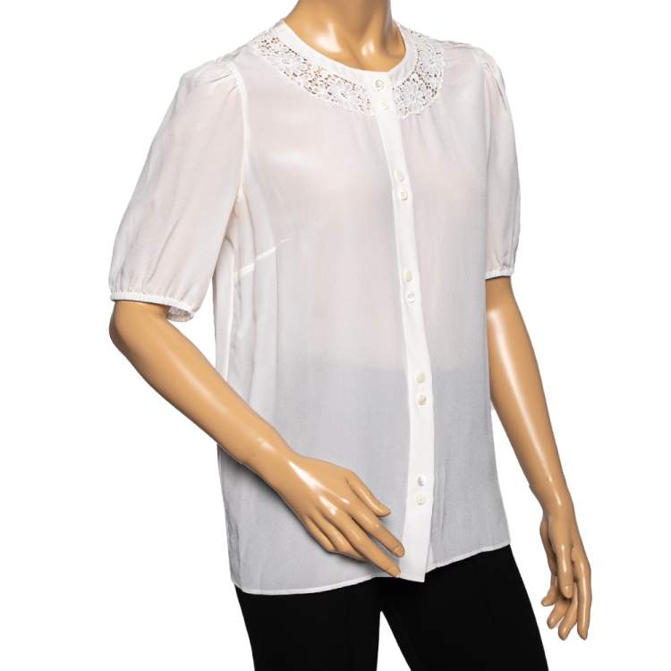 Pre Owned Dolce & Gabbana White Silk Lace Detailed Neck Top M