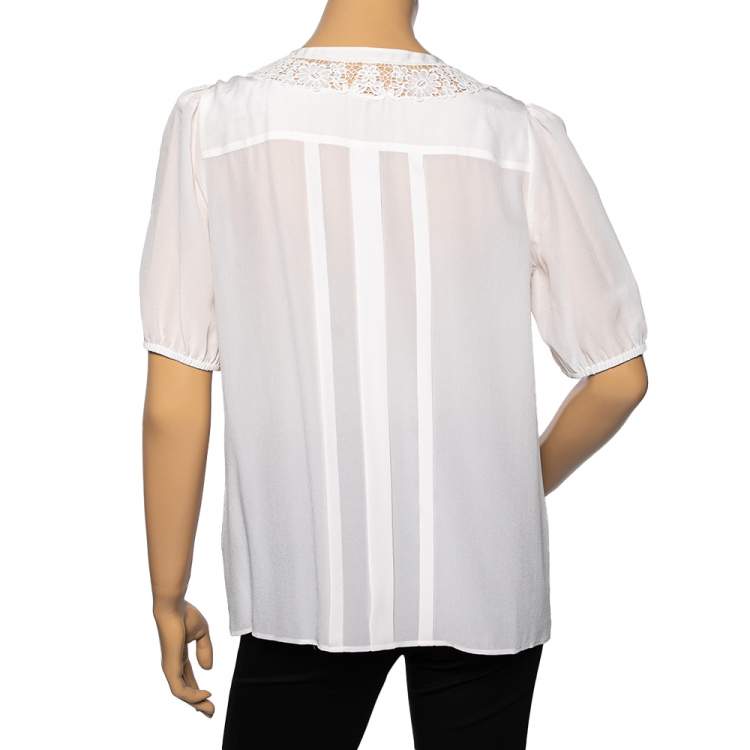 Pre Owned Dolce & Gabbana White Silk Lace Detailed Neck Top M