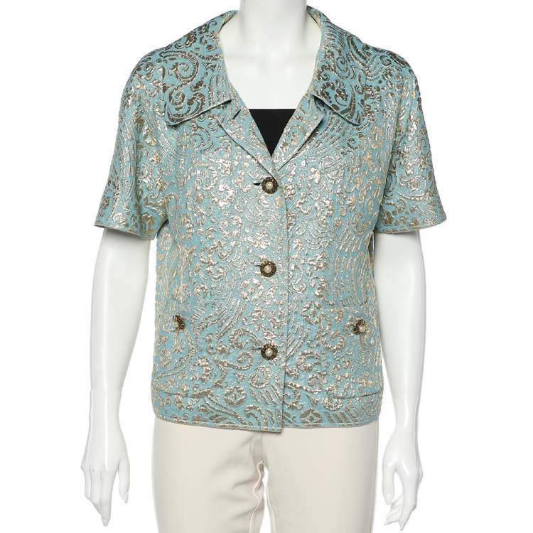 Pre Owned Dolce & Gabbana Blue Silk Brocade Button Front Jacket L
