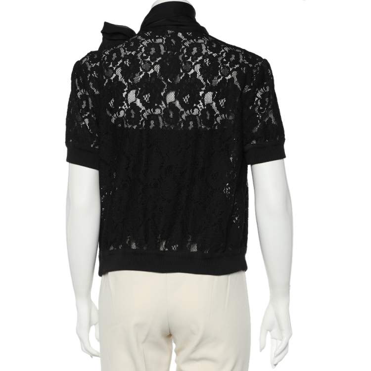 Pre Owned Dolce & Gabbana Black Lace & Silk Neck Tie Detail Top M