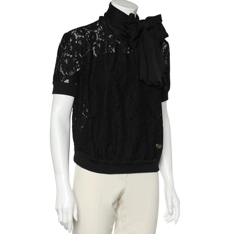 Pre Owned Dolce & Gabbana Black Lace & Silk Neck Tie Detail Top M