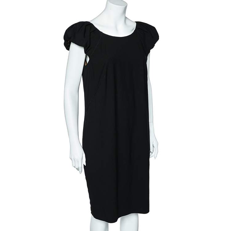 Pre Owned Dolce & Gabbana Black Wool Crepe Pleated Sleeve Midi Dress M