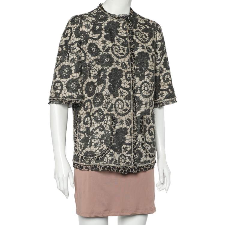 Pre Owned Dolce & Gabbana Beige Printed Textured Silk Button Front Jacket L
