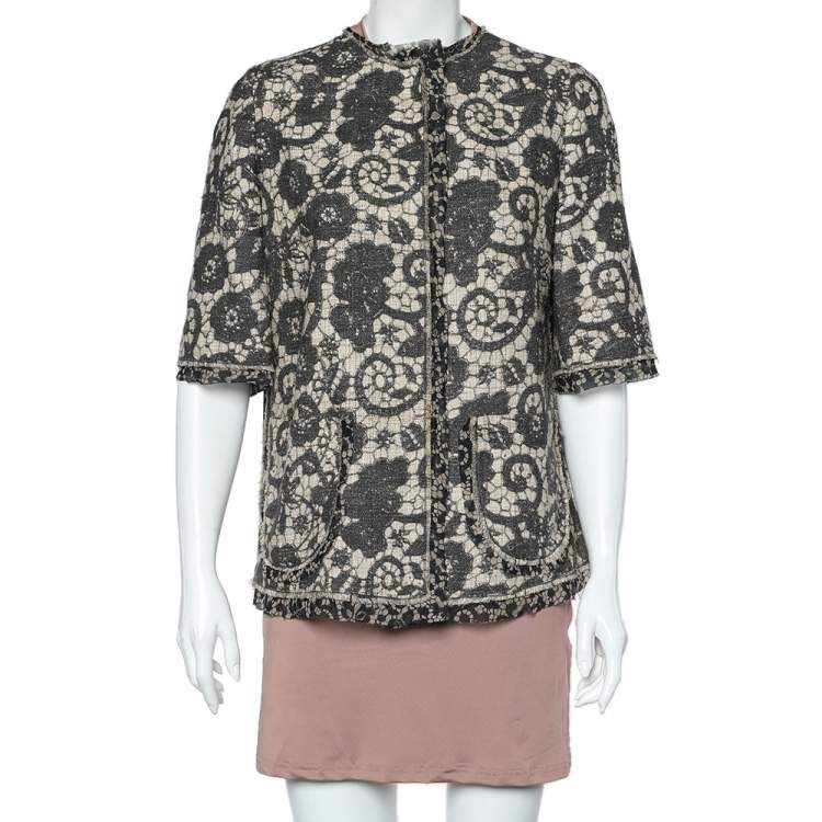 Pre Owned Dolce & Gabbana Beige Printed Textured Silk Button Front Jacket L