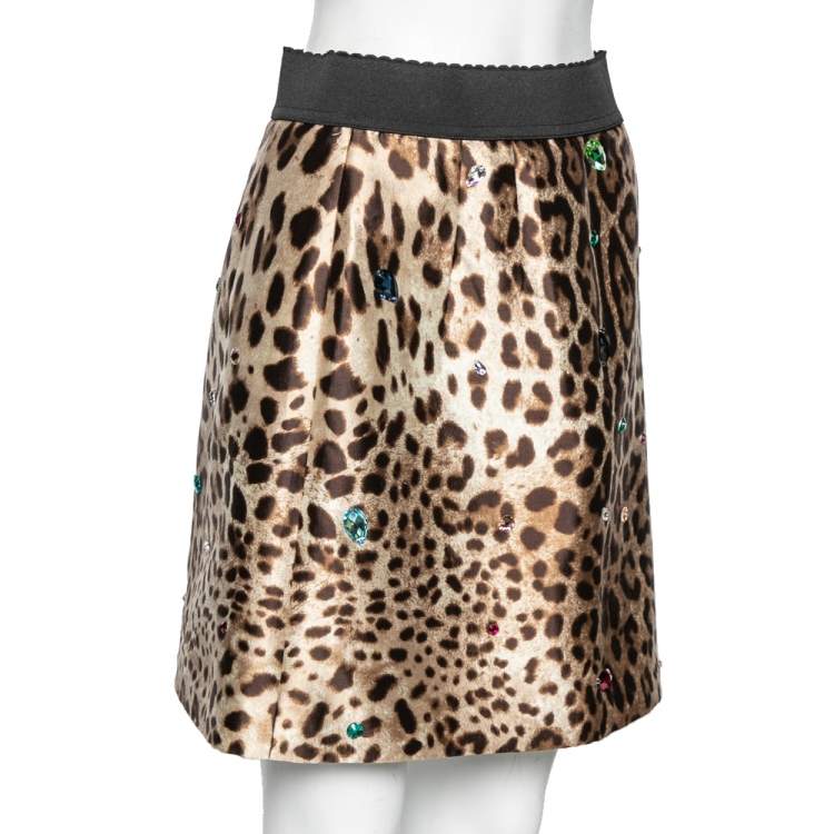 Pre Owned Dolce & Gabbana Brown Leopard Printed Silk Crystal Embellished Mini Skirt M