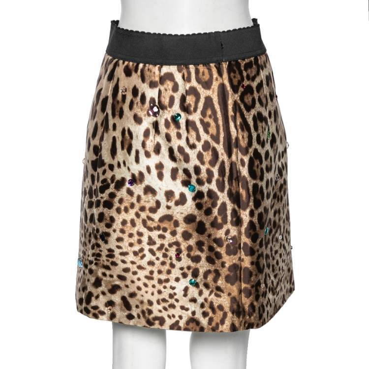 Pre Owned Dolce & Gabbana Brown Leopard Printed Silk Crystal Embellished Mini Skirt M