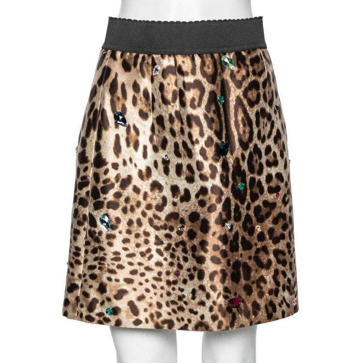 Pre Owned Dolce & Gabbana Brown Leopard Printed Silk Crystal Embellished Mini Skirt M
