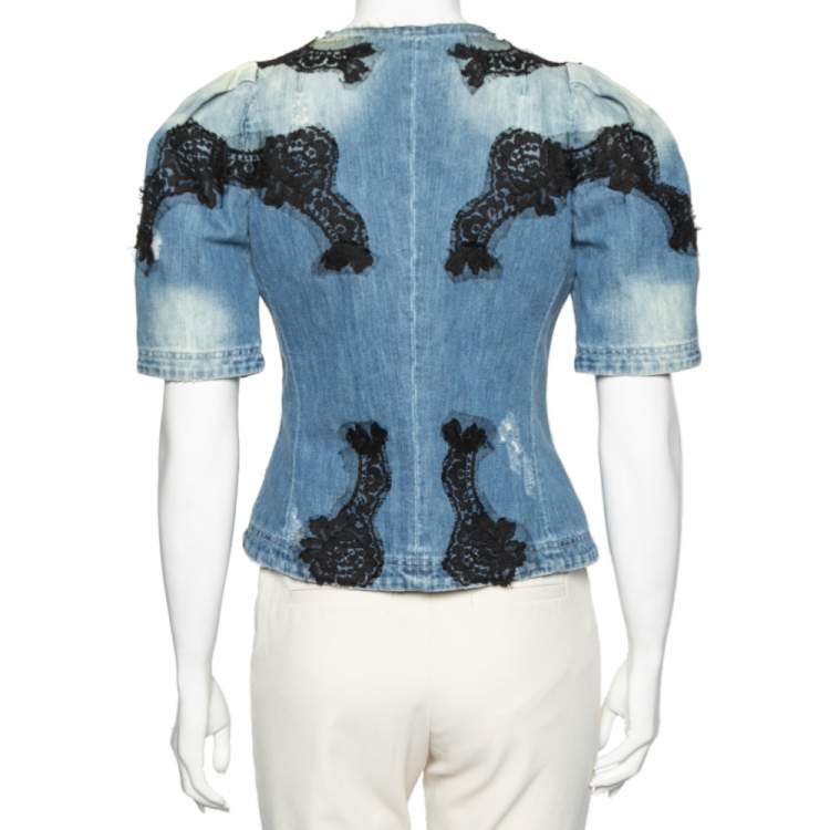 Pre Owned Dolce & Gabbana Blue Denim Lace Detailed Jacket S