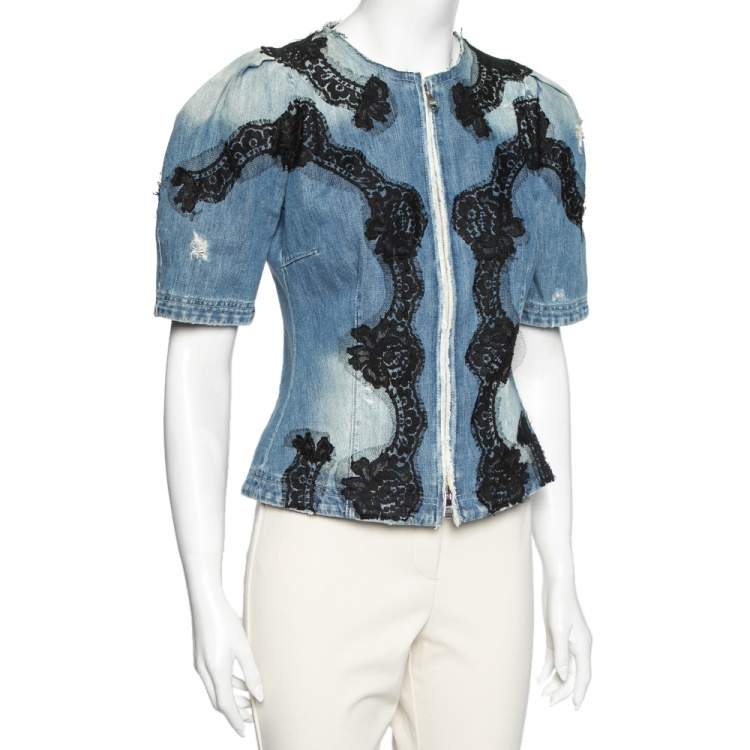 Pre Owned Dolce & Gabbana Blue Denim Lace Detailed Jacket S