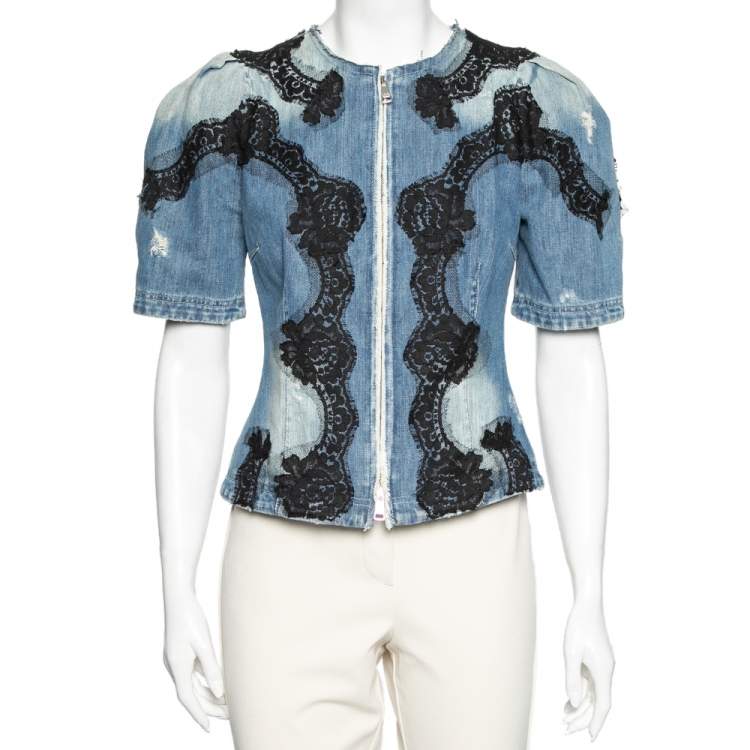 Pre Owned Dolce & Gabbana Blue Denim Lace Detailed Jacket S