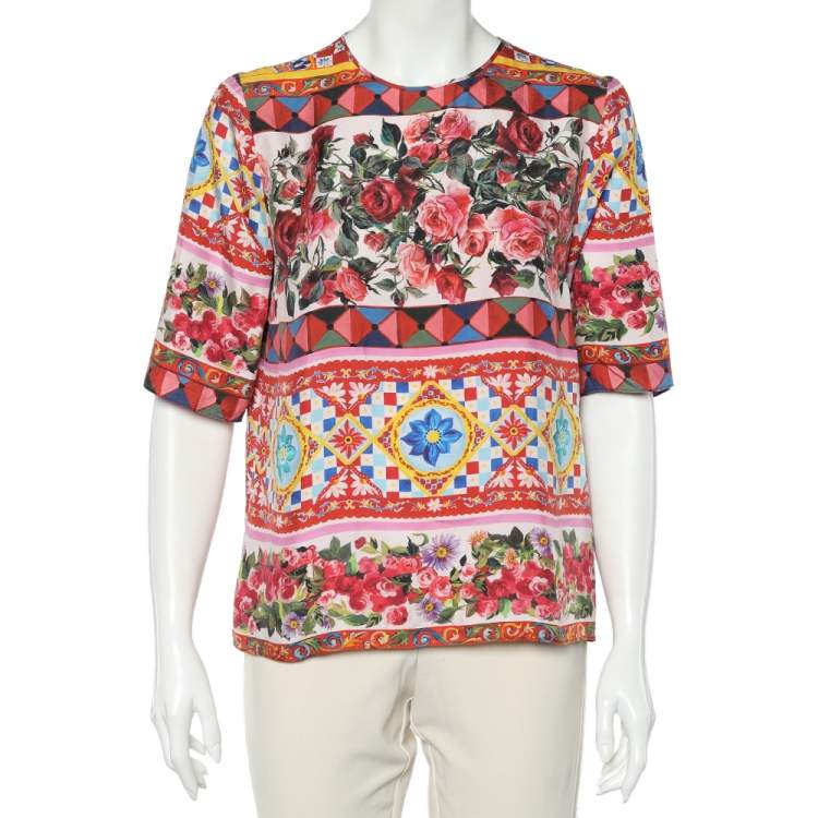 Pre Owned Dolce & Gabbana Multicolor Carretto Roses Printed Silk Top M