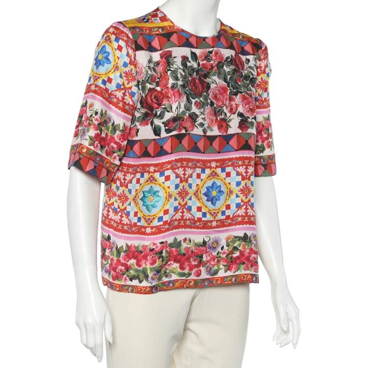 Pre Owned Dolce & Gabbana Multicolor Carretto Roses Printed Silk Top M