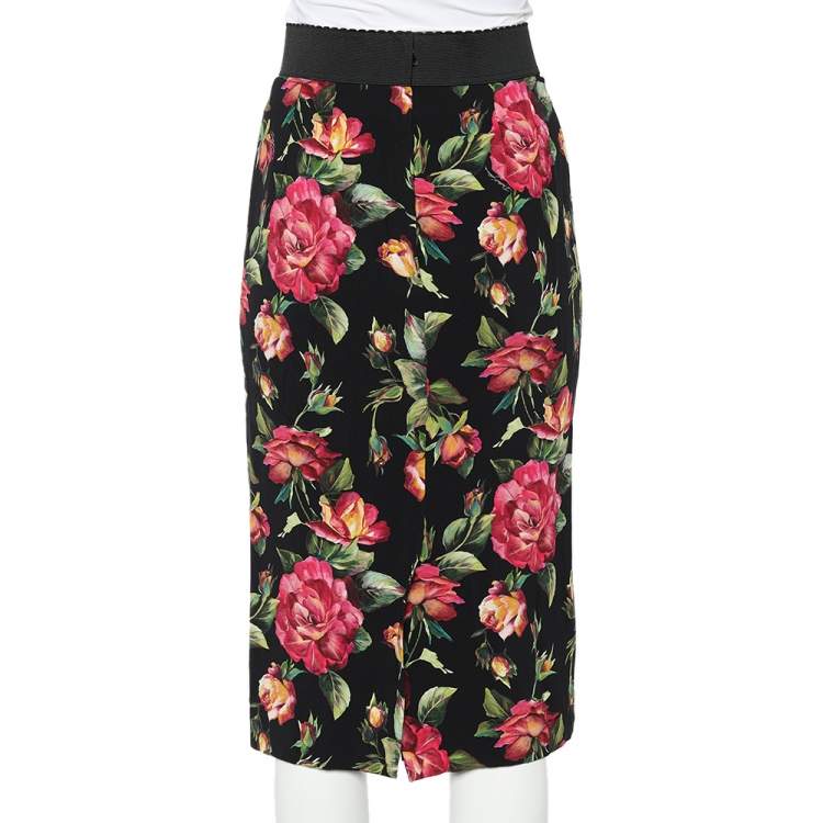 Pre Owned Dolce & Gabbana Black Floral Printed Crepe Pencil Skirt M
