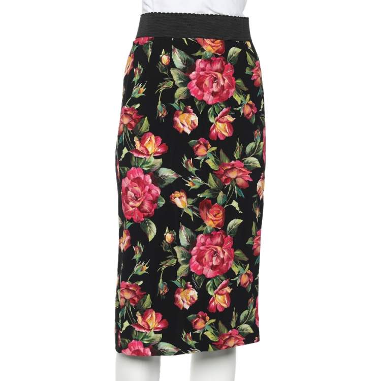 Pre Owned Dolce & Gabbana Black Floral Printed Crepe Pencil Skirt M