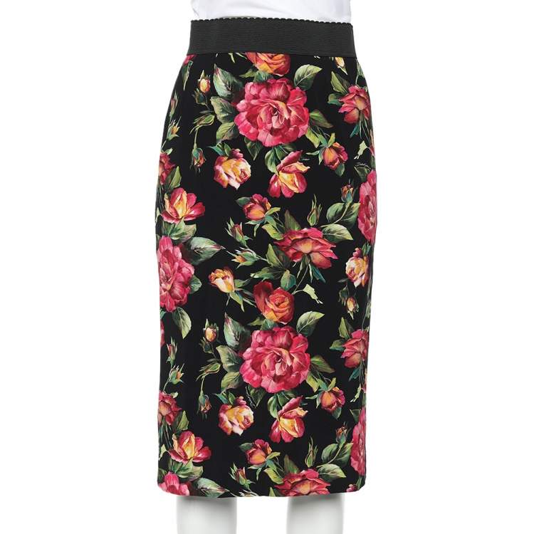 Pre Owned Dolce & Gabbana Black Floral Printed Crepe Pencil Skirt M