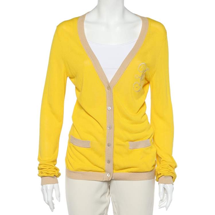 Pre Owned Dolce & Gabbana Yellow Logo Embroidered Cotton Knit Button Front Cardigan L
