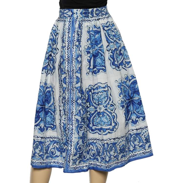Pre Owned Dolce and Gabbana Blue Tile Printed Cotton Gathered Midi Skirt  L