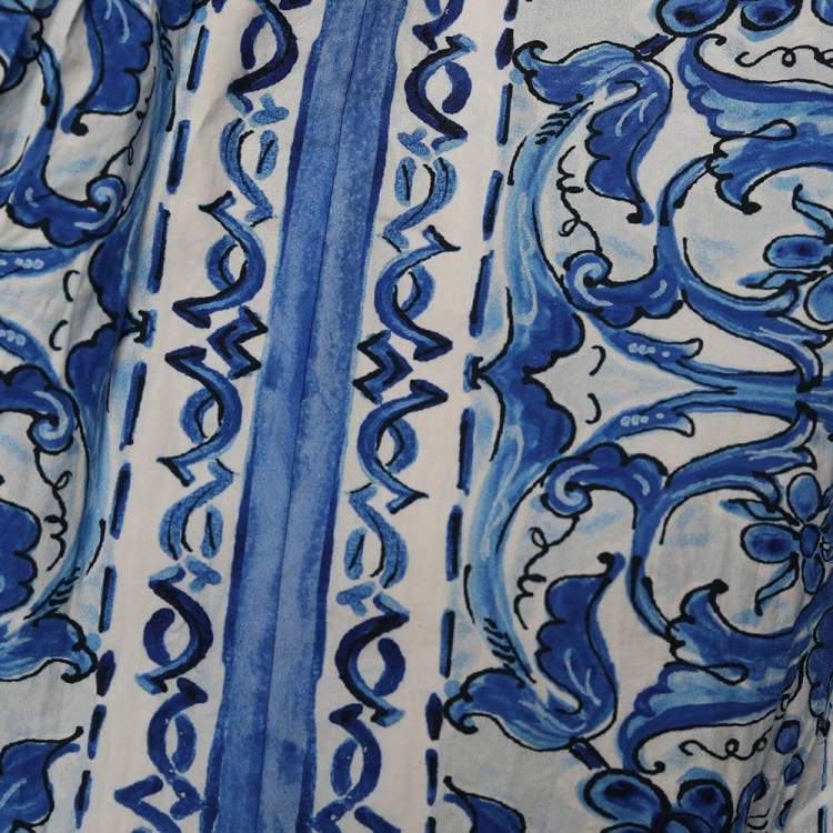 Pre Owned Dolce and Gabbana Blue Tile Printed Cotton Gathered Midi Skirt  L