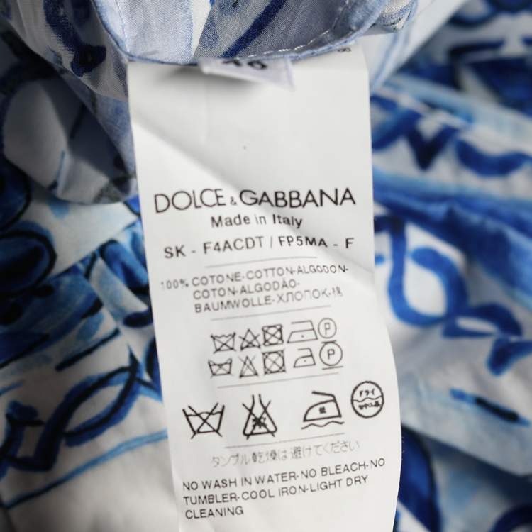 Pre Owned Dolce and Gabbana Blue Tile Printed Cotton Gathered Midi Skirt  L