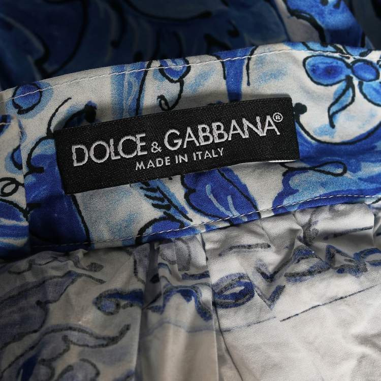 Pre Owned Dolce and Gabbana Blue Tile Printed Cotton Gathered Midi Skirt  L