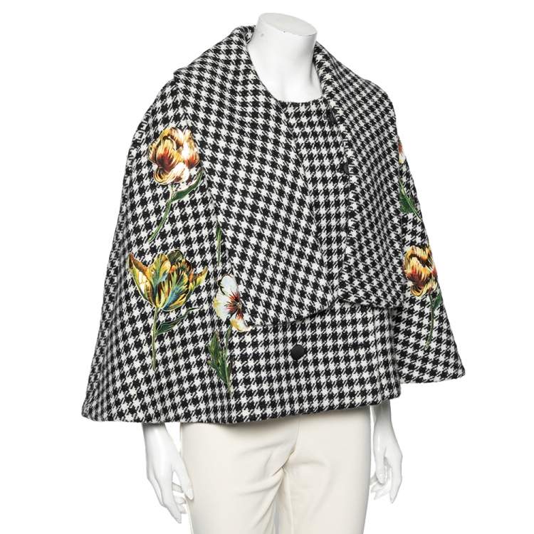 Pre Owned Dolce & Gabbana Monochrome Patterned Wool Floral Appliqued Cape S