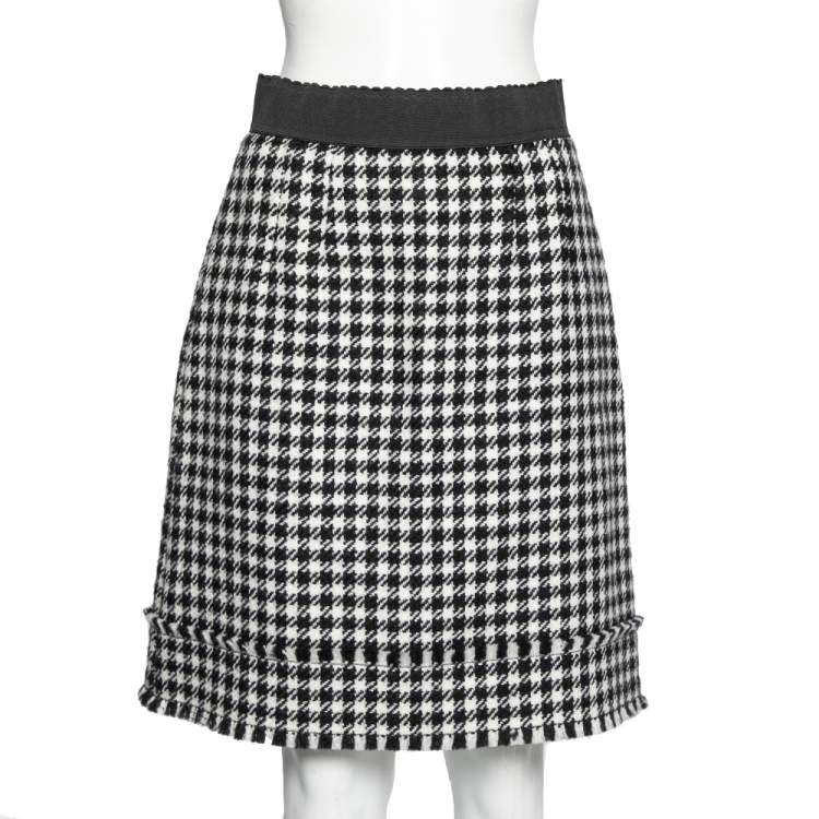 Pre Owned Dolce & Gabbana Monochrome Patterned Wool Fringe Detail Skirt M
