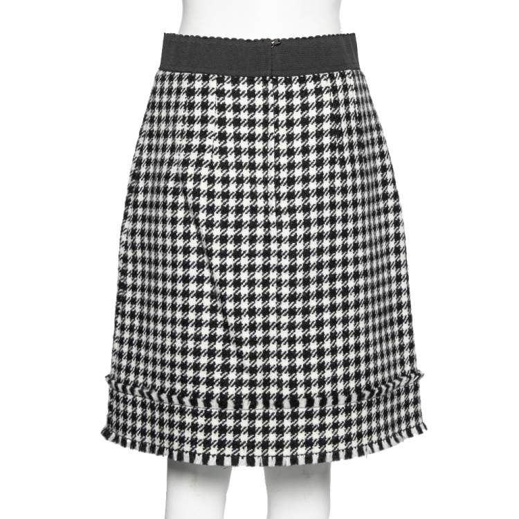 Pre Owned Dolce & Gabbana Monochrome Patterned Wool Fringe Detail Skirt M