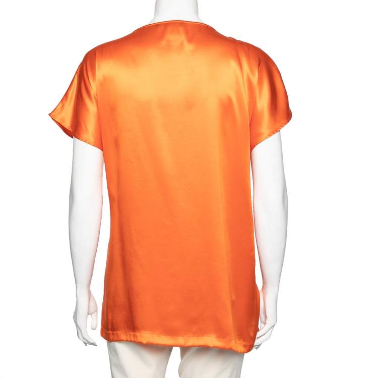 Pre Owned Dolce & Gabbana Orange Silk Lemon Crystal Applique Embellished Top M