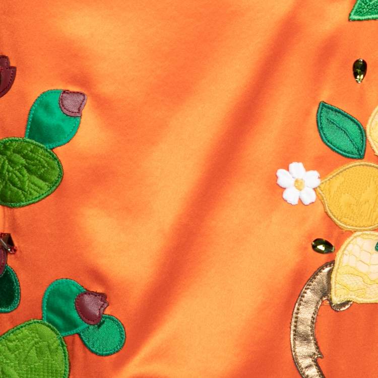 Pre Owned Dolce & Gabbana Orange Silk Lemon Crystal Applique Embellished Top M