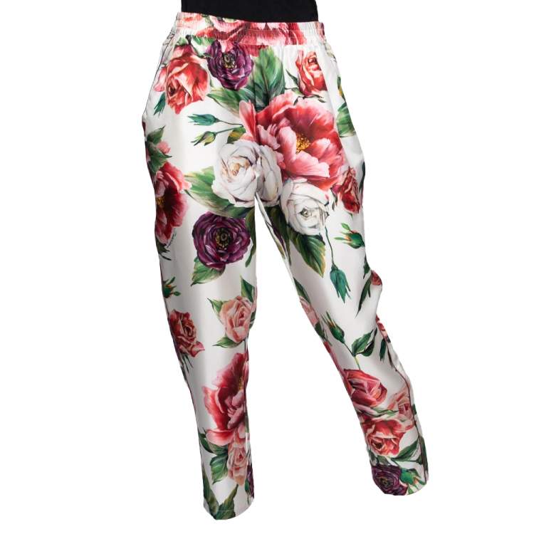 Pre Owned Dolce & Gabbana White Peony Printed Silk Pajama Pants M