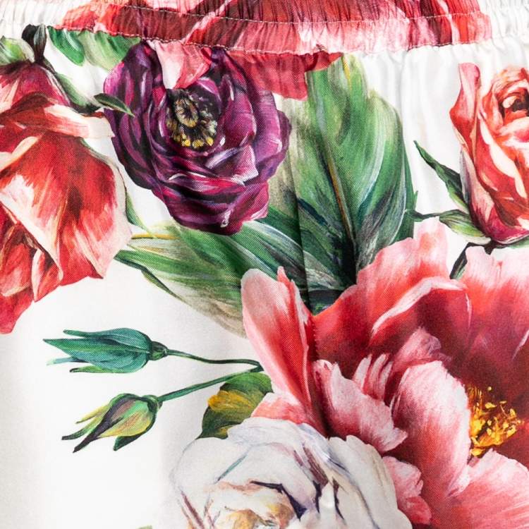 Pre Owned Dolce & Gabbana White Peony Printed Silk Pajama Pants M