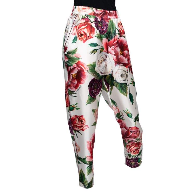Pre Owned Dolce & Gabbana White Peony Printed Silk Pajama Pants M