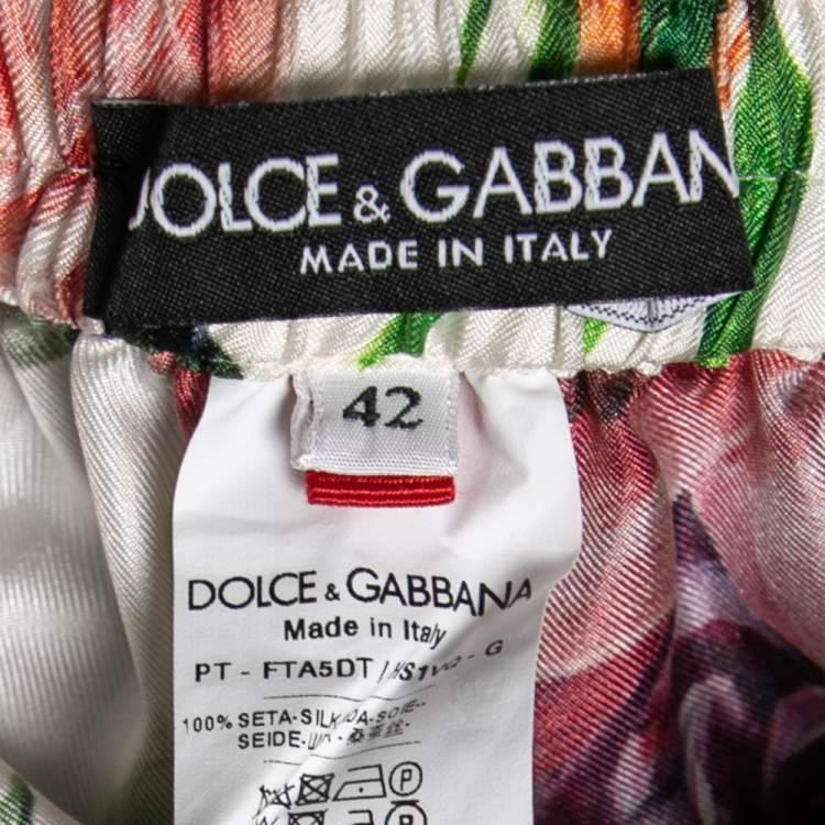 Pre Owned Dolce & Gabbana White Peony Printed Silk Pajama Pants M
