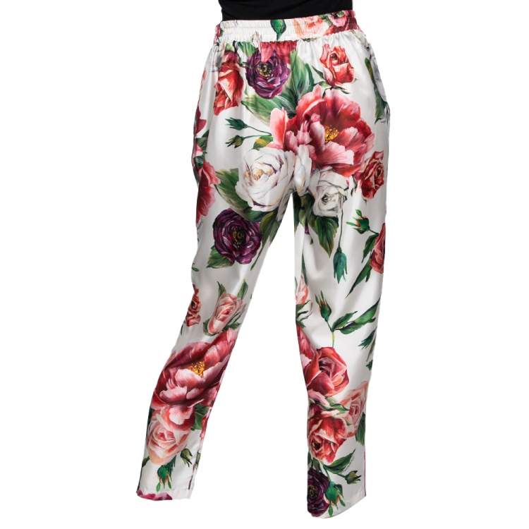 Pre Owned Dolce & Gabbana White Peony Printed Silk Pajama Pants M