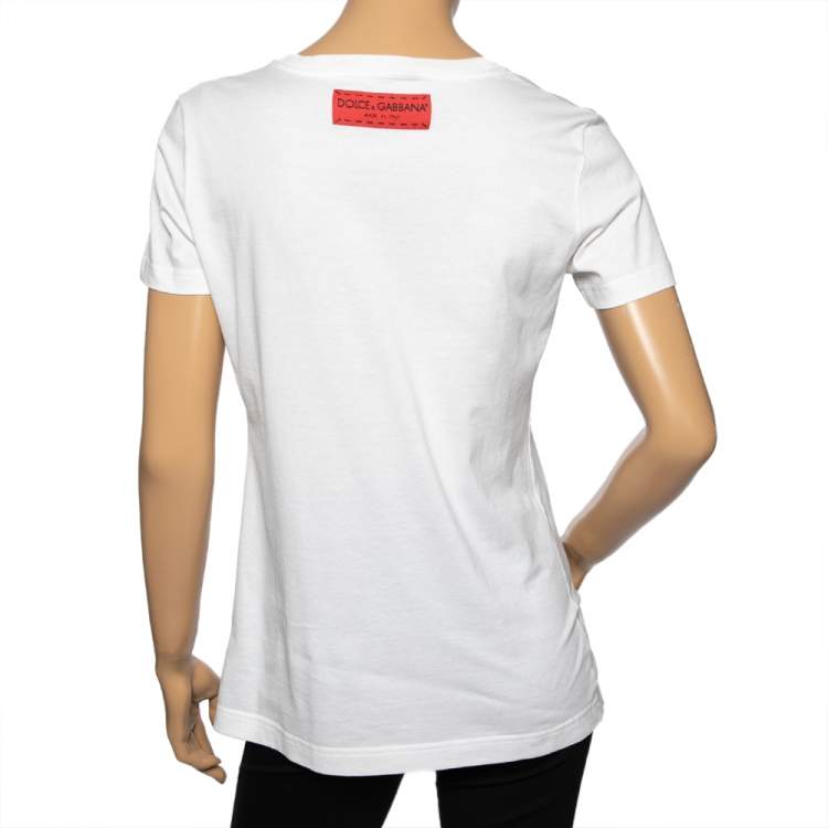 Pre Owned Dolce & Gabbana White Cotton Flocked Logo Detailed T-Shirt M