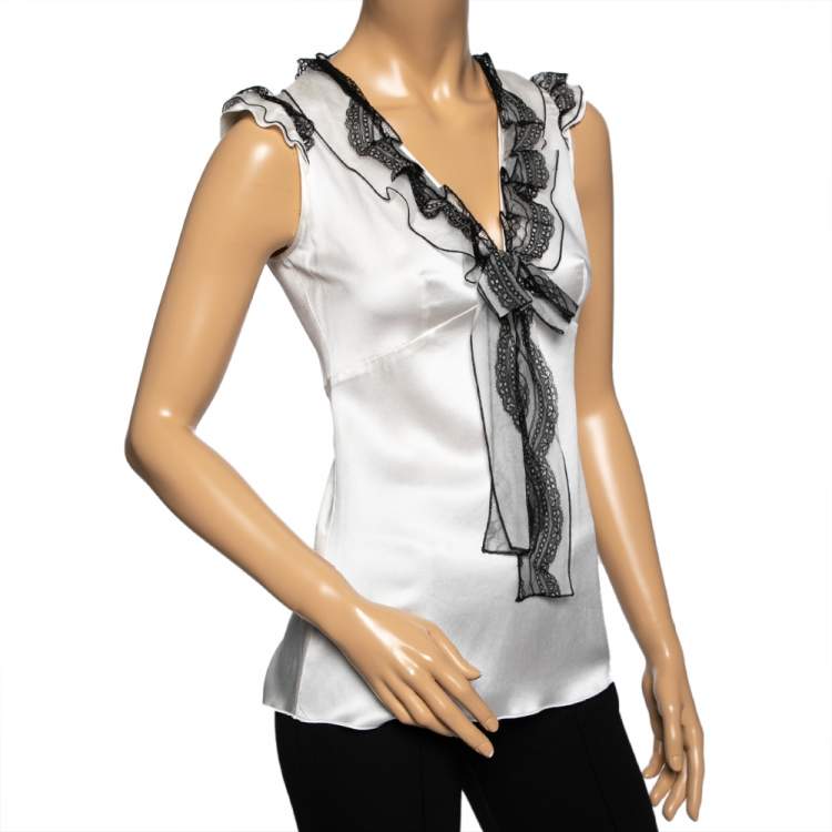 Pre Owned Dolce & Gabbana White Silk Ruffle Lace Trimmed Sleeveless Top M