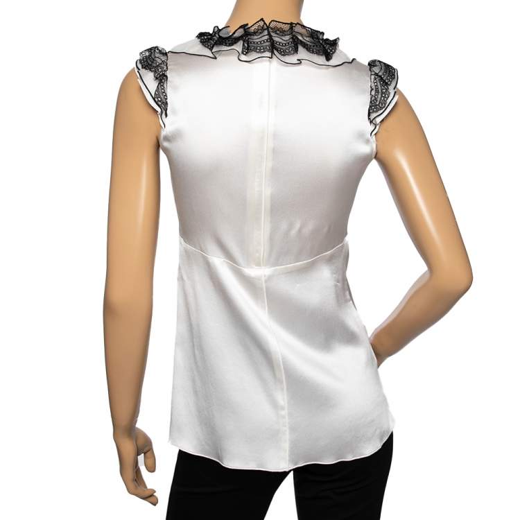 Pre Owned Dolce & Gabbana White Silk Ruffle Lace Trimmed Sleeveless Top M