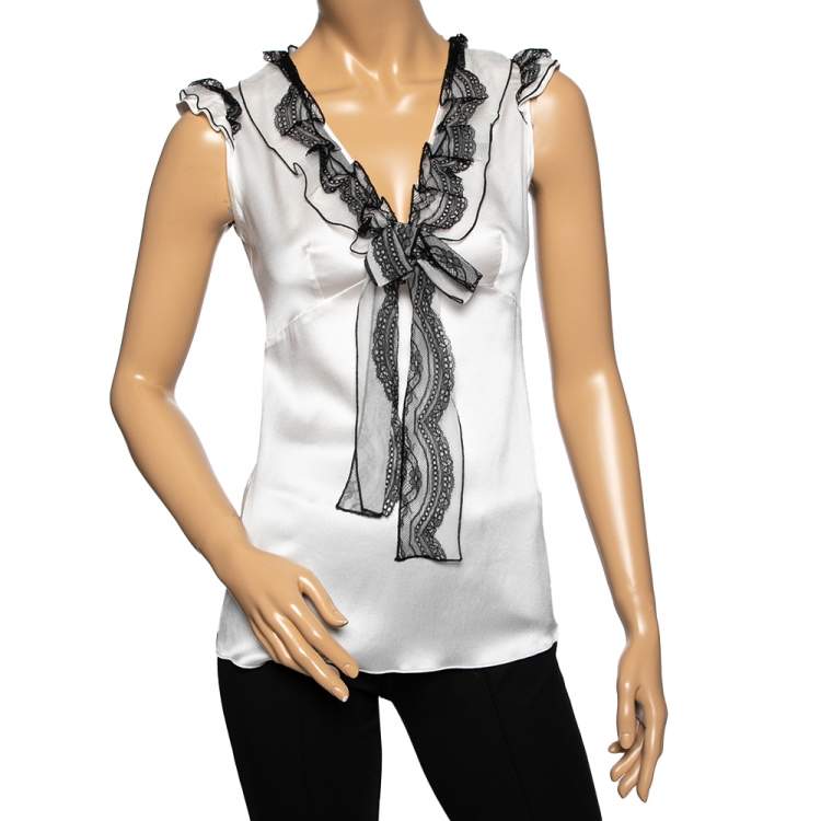 Pre Owned Dolce & Gabbana White Silk Ruffle Lace Trimmed Sleeveless Top M