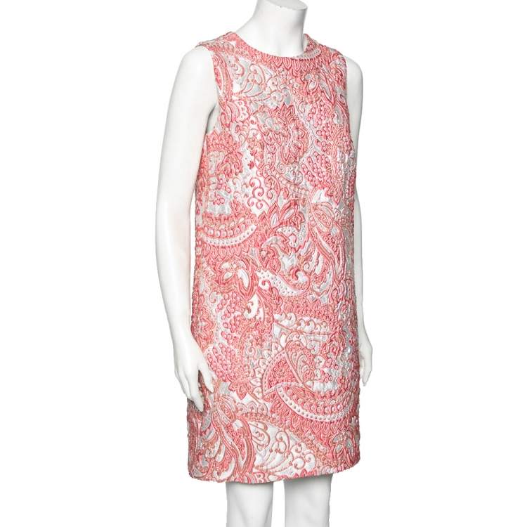 Pre Owned Dolce & Gabbana Pink & Silver Brocade Sleeveless Dress M
