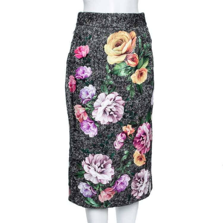 Pre Owned Dolce & Gabbana Monochrome Knit Floral Laser Cut Pencil Skirt M