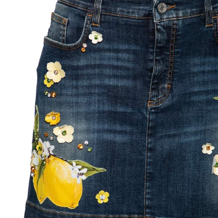 Pre Owned Dolce & Gabbana Blue Denim Lemon and Floral Applique Skirt L