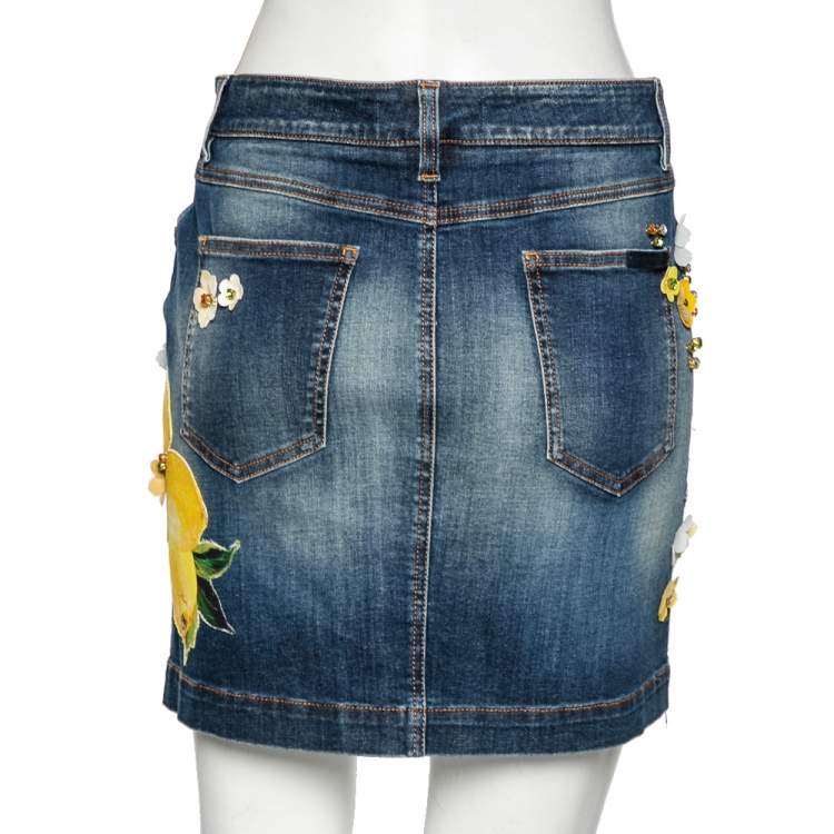 Pre Owned Dolce & Gabbana Blue Denim Lemon and Floral Applique Skirt L