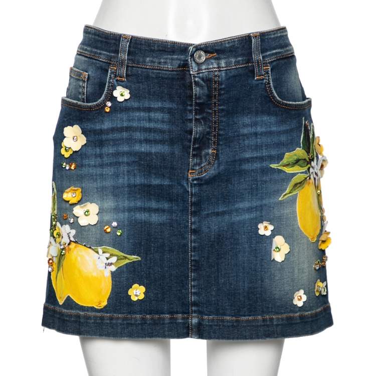 Pre Owned Dolce & Gabbana Blue Denim Lemon and Floral Applique Skirt L