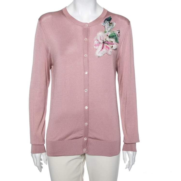Pre Owned Dolce & Gabbana Pink Knit Floral Applique Long Sleeve Cardigan M