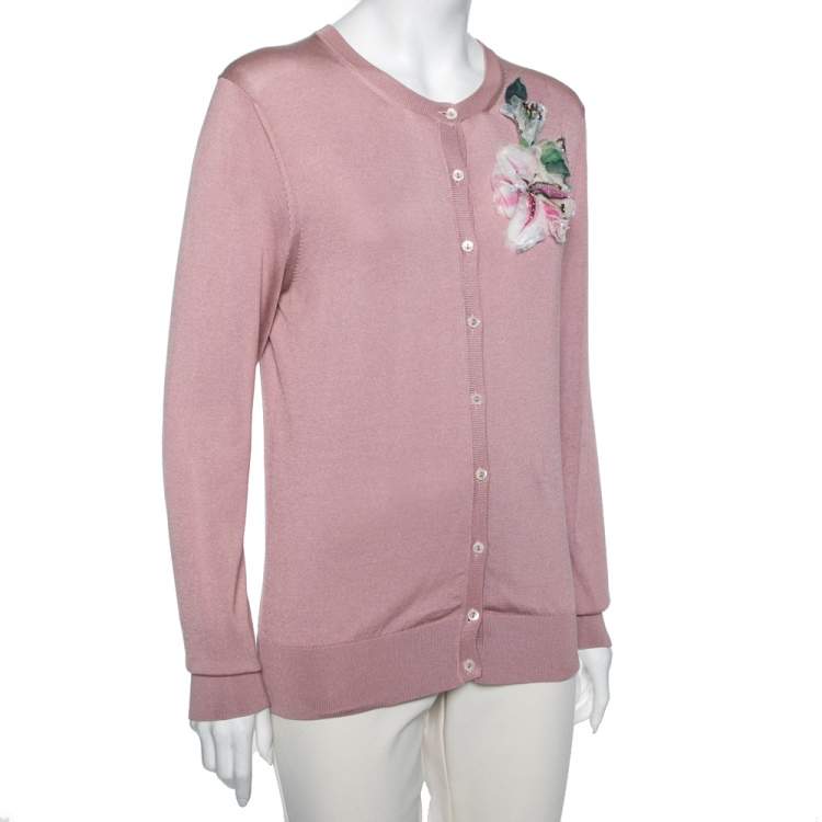 Pre Owned Dolce & Gabbana Pink Knit Floral Applique Long Sleeve Cardigan M