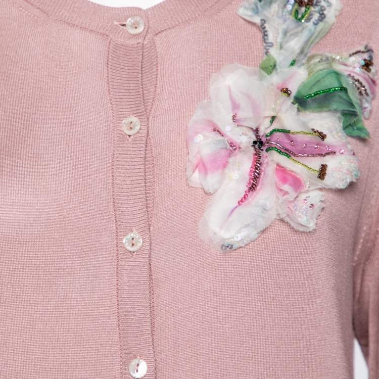 Pre Owned Dolce & Gabbana Pink Knit Floral Applique Long Sleeve Cardigan M