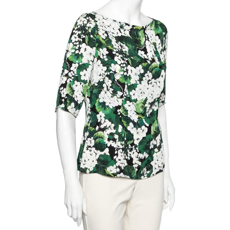 Pre Owned Dolce & Gabbana Exclusive Green Hydrangea Printed Silk Top L