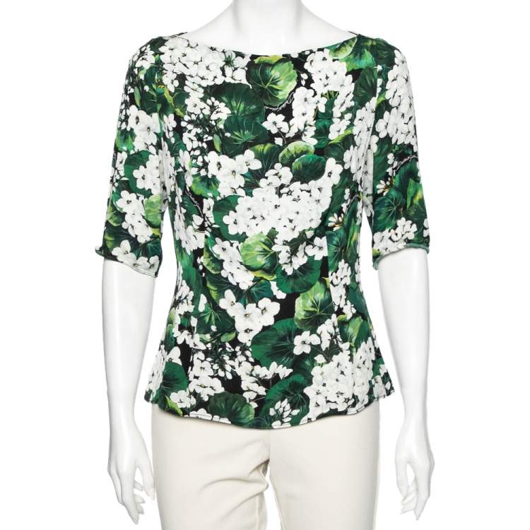 Pre Owned Dolce & Gabbana Exclusive Green Hydrangea Printed Silk Top L