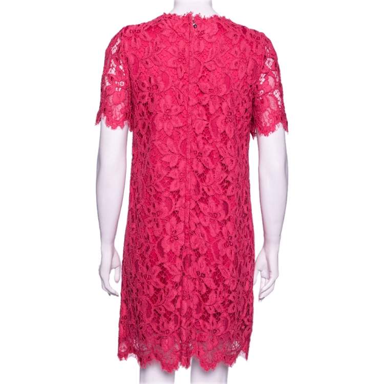 Pre Owned Dolce & Gabbana Pink Floral Lace Crew Neck Short Sleeve Dress M